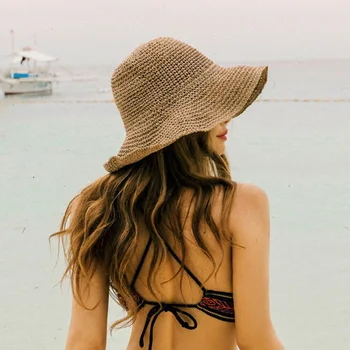 Нова дамски солнцезащитная шапка от лико с широка периферия, гъвкави летни шапки за жени, плажна Панама, сламена шапка-кофа с купол, дамска шапка-козирка