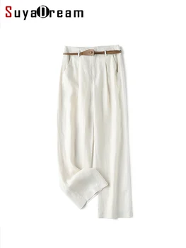 SuyaDream Дамски дълги широки панталони от ленено смес с однотонным колан на талията, панталони пълна дължина 2023, пролет-лято офис дамски панталони
