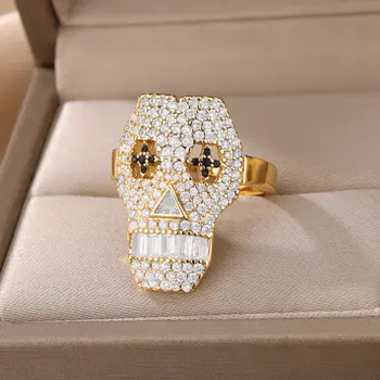 Луксозни пръстени с кубическим цирконием под формата на черепа и скелета за жени в стил хип-хоп, пънк, бъде позлатен пръстен от неръждаема стомана, готически бижута, аксесоари, подаръци
