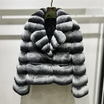 Дамски зимни кожени якета за по-високо качество от заек Рекс, палто с кристали, отложной яка от чинчила S5386