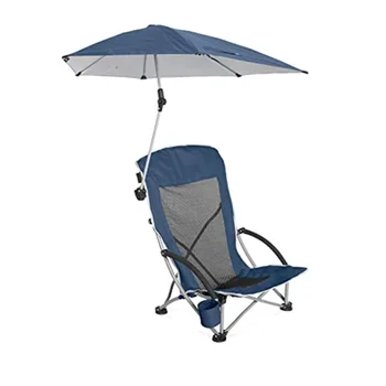 Плажен стол с регулируема чадър UPF 50+, син / сив