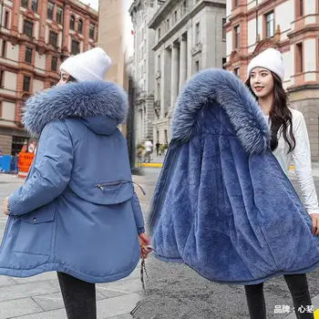 Зимни дамски naka яке с качулка, плюс кадифе топло памучен облекла, модно свободно палто със средна дължина, елегантни дамски дрехи