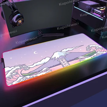 Подложка за мишка Great Wave RGB, големи подложки за мишки за планински геймъри, led подложка за мишка, подложки за лаптоп с осветление, светещи големи подложки за клавиатура, тенис на мат