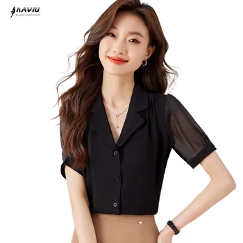 NAVIU, черна риза с къс ръкав, дамски лятна тънка нова шифоновая блуза, професионална мода, темперамент, офис женски работни върховете