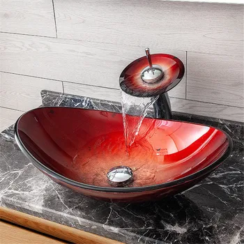 Овална червено мивка за баня, стъклени мивки, плот, мивка, мивка, изработени от закалено стъкло, античен месинг, ретро набор от водопадных смесителни батерии