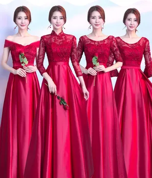 Новите червени дантелени рокли на шаферките 2019, дълга вечерна рокля за абитуриентски бал, подарък за приятелка, женствена рокля
