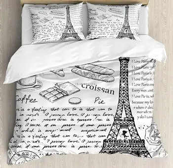 Набор от пододеяльников за пуховых одеяла в Париж, традиционно известни парижките елементи, кафе с круассаном, Айфеловата кула, декоративни постелки от 3 теми