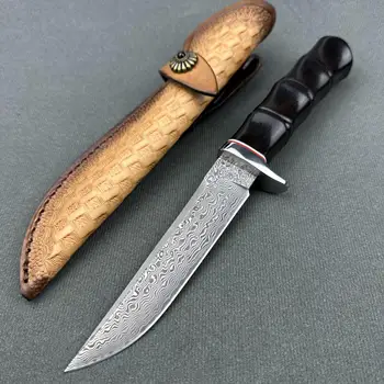 Най-добрият Дамасский Нож-Бауи Ръчно изработени от стомана VG10 с дръжка от Сандалово дърво, Красиви Кожени Сабя, За улицата, за Лов, в занаятчийски Риболов, Обезкостяване и Къмпинг