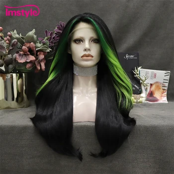 Imstyle, черна перука, дълги синтетични перука на дантели, натурални вълнообразни зелени перуки с подсветка за жени, вечерни, cosplay, термостойкое влакна