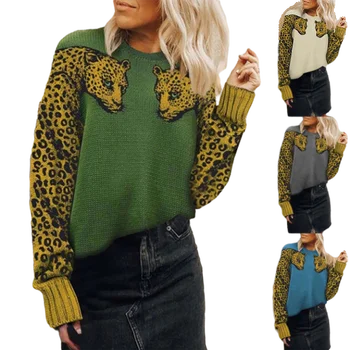 дамски модни леопардовый модел пуловер в стил харадзюку, пуловер, женски есенно-зимните фланелки в стил мозайка, възли пуловер с кръгло деколте, топ