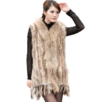 Дамски възли жилетки/елек/жилетка от естествена кожа заек, палто с пискюли, яка от кожа енотовидной куче, дълга стил