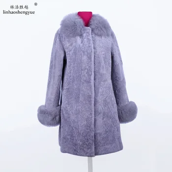 2018 НОВО модно дамско палто от овче кашмир с яка и маншети от естествен лисьего кожа