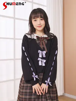 Вязаный жилетка в японски стил свързани с лък в ретро стил, зима 2023, нови висококачествени къси пуловери с V-образно деколте и дълъг ръкав, вязаный лък
