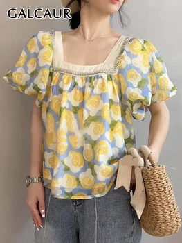 Дамски ежедневни ризи GALCAUR с флорални принтом, квадратен яка, буйни ръкави, свободни гънки, пуловер, блуза, дамски лятна новост