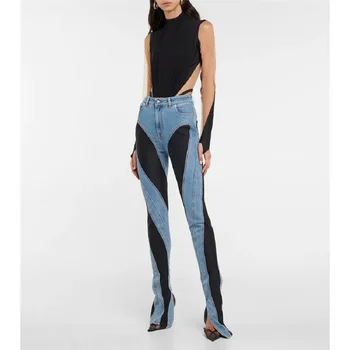 трафика на 2023 дамски дънки y2k памучен ред, дамски панталони с висока талия, нова мода, висококачествени ежедневни сини дънки, сутиен