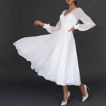 Сексуалното шифоновое бяла рокля миди с V образно деколте, летни рокли Midi за жени 2023, елегантна вечерна сватба бална рокля с дълъг ръкав за гости, бална рокля