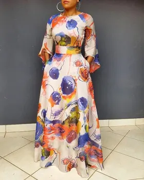 Елегантна женствена рокля за крайградски пътувания, летни 2023, ново модно дълга рокля с висока талия и кръгло деколте до талията с принтом
