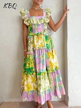 KBQ Женствена рокля с цветен принтом под формата на цветни единица, квадратен яка, без ръкав, висока талия, свободни рокли дантела, направени годни за консумация дървени гъбички, женски