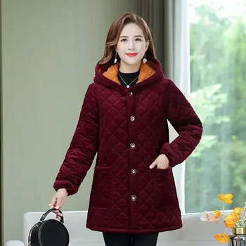 Нова зимна топла тънка стеганая яке, яке с дълги ръкави, паркове, кожа качулка, женски върхове на средна възраст, с памучна подплата, памучно палто за мама