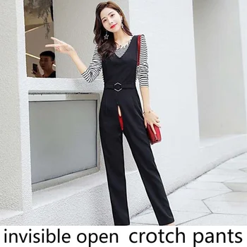 Открити възли панталони на подтяжках за жени, пролет-лято, новият корейски стил, висока талия, широки панталони на невидим цип, черна