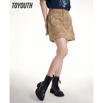 Toyouth женска пола 2023 Лятна трапециевидная фина текстура с лък, принт ретро стил, кафяво, жълто, модни елегантна градинска мини-полата