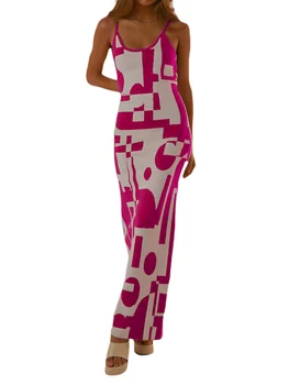 Yerwach, женски лятото трикотажное дебнещ дълга рокля с геометрични фигури в стил мозайка без ръкави