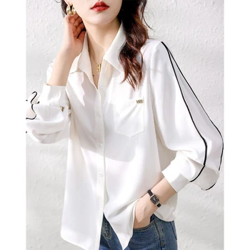 Нова темпераментен бяла риза Sandro Rivers, женски модерен безплатен лесен универсален топ от висококачествен шифон с дълъг ръкав