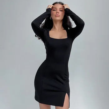 малка черна рокля от висок клас, тясна пола с квадратна деколте и цепка, женски нова рокля
