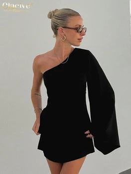 Clacive Сексуално Тънка Черна Секси рокля 2023, Монтиране на Мини рокли с Едно рамо с Дълъг Ръкав, Модерно Класическо Женско Вечерна Рокля