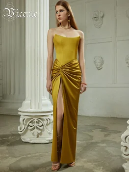 VC жълто дълга рокля жени кръст възел драпирани дизайн без презрамки Сексуално с висока цепка отстрани вечерни вечеря, дрехи