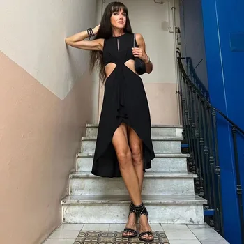 Жена секси черна рокля без ръкави с деколте до талията, модерно нарушения на сърдечния рокля 2023, новост