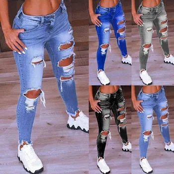 Светло сини скъсани дънки за жени 2023, уличен стил, сексуална оръфан панталон с ниска тапицерия, стрейчевые тесни дънкови панталони-молив с дупки