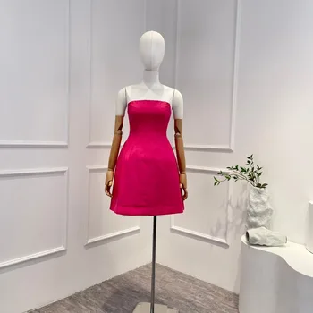 Новост лятото 2023, розово-червено, горещо, сладко, обертывающее гърдите секси мини рокля-тръба за жени, модерно