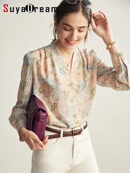 SuyaDream Дамски ризи с флорални принтом от 100% чиста коприна, блузи с V-образно деколте и принтом, 2023, пролетно-летния офис женски топ