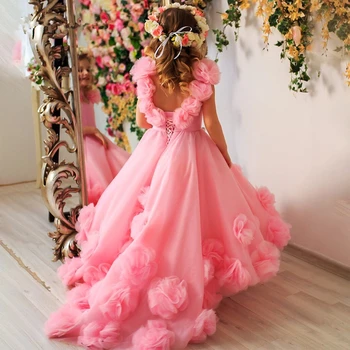 Сватбена рокля с цветя модел, пищни фатиновое сватбена рокля за момиче, красива рокля за момичета и рокля за първо причастие