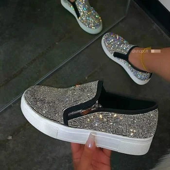 Модни лоферы, обувки джоб с блестящи кристали, дамски градинска ежедневни обувки, дамски 2023 Нова дамски вулканизированная обувки на дебела подметка