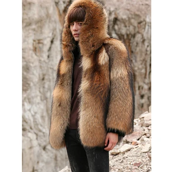 2019 Нова мъжки кафяво палто от кожа на миеща мечка, палто от лисьего кожа, якето от овча кожа, кожено яке с качулка, мъжки зимни палта