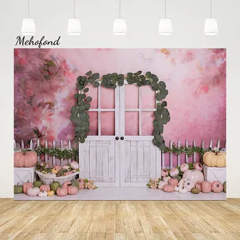 Фон за снимки Mehofond, розово цвете стена, декор врати, детски душ, портрет, тиква, зелени листа, на фона, студио фотозоны