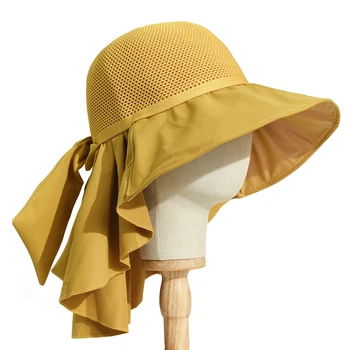 Лятна дамска шапка с широка периферия шал, лека дишаща мрежа, защита за лицето и шията, солнцезащитная шапка, дизайн с гънки, пътна плажна шапка