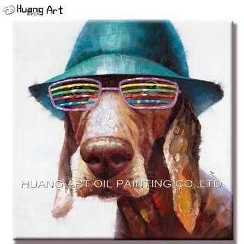 100% Ръчно рисувани, съвременна живопис с маслени бои от животински произход върху платно, облекло за кучета, тъмно зелена шапка, картина без рамка, монтиране на изкуството за домашен интериор, картината