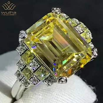 WUIHA Истинско сребро 925 проба, emerald кройката, 5 карата, необичайно пръстен с ярко жълт диамант, синтетичен муассанит, пръстен за жени, подарък, директна доставка