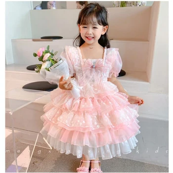 2023, Рокля пакетче испанската принцеса за момиченца, разкроена многослойни розови рокли за бебета, вечерни рокли за деца, Vestidos