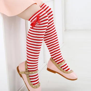 Детски чорапи до коляното с лък за малки момичета, пролетно-есенни спортни памучни чорапи, червени райета гамаши принцеса за бебето