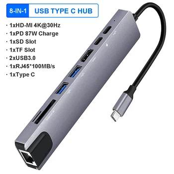 USB C HUB 4K 30Hz Type C ХЪБ USB C Сплитер Type C HDMI-съвместим RJ-45 87 W USB 3.1 Адаптер с порт Ethernet Докинг станция