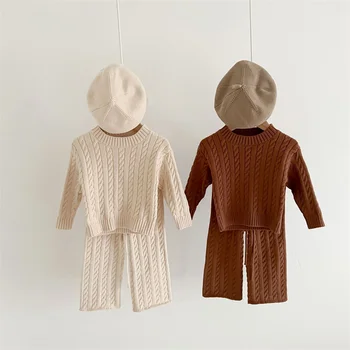 Корейски Пролетта Комплекти за новородено, Пуловер Вязаного Тъкат, Пуловер + Панталон, Костюм от 2 теми За Малките Момичета, Ежедневно Облекло С Дълги ръкави
