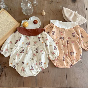 Гащеризон принцеса от чист памук за деца 2023, есен облекло за новородени момичета в ретро стил, пролетно облекло за бебета, тела с принтом петнист елен