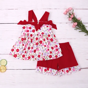 Летен комплект дрехи за малките момичета, боди с флорални лък, детски костюм, бебешки дрехи за деца, детски дрехи на Marina Red от 1 до 8 години, екипировки Bebes в цветенце