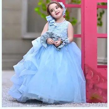 Небето-синьо буйни рокли за момичета на сватба, бална рокля на принцеса, дантелено тюлевое рокля за парти по случай рожден ден, детско рокля за първо причастие