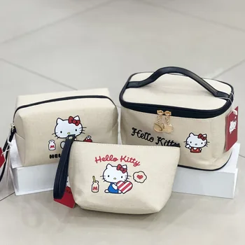 Чанта Sanrio Hello Kitty Kt Котка от естествена холщовой тъкан, преносима косметичка за измиване, преносима косметичка