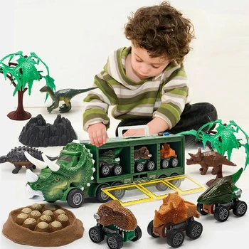 Играчка камион с динозаври, откидывающиеся превозни средства, контейнера за динозаврите, кола за багаж със светлина и музика, контейнер за детски играчки, подаръци за момчета